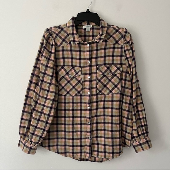 Sundance Pearl Snap Plaid Pink Green Balloon Sleeve Button Up L/S Shirt XL - Picture 1 of 10